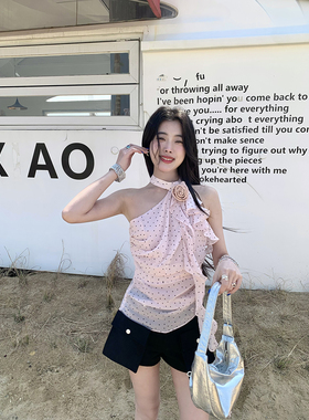 Joeyoo 告白蔷薇 挂脖波点雪纺衫女装夏季飘带无袖斜肩上衣