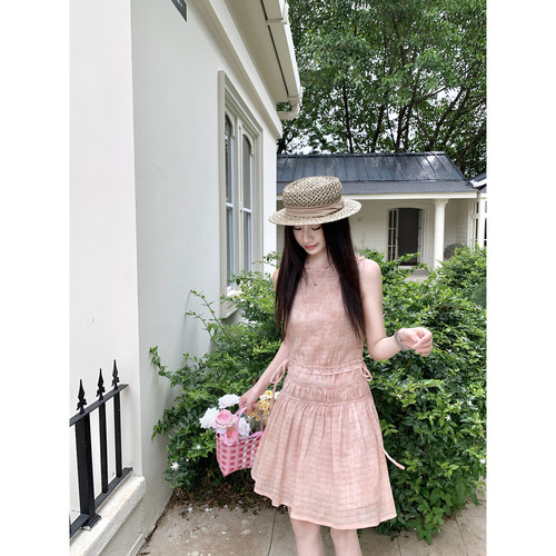 Joeyoo新款夏日绝美粉色格子连衣裙女夏中长款收腰系带无袖背心裙