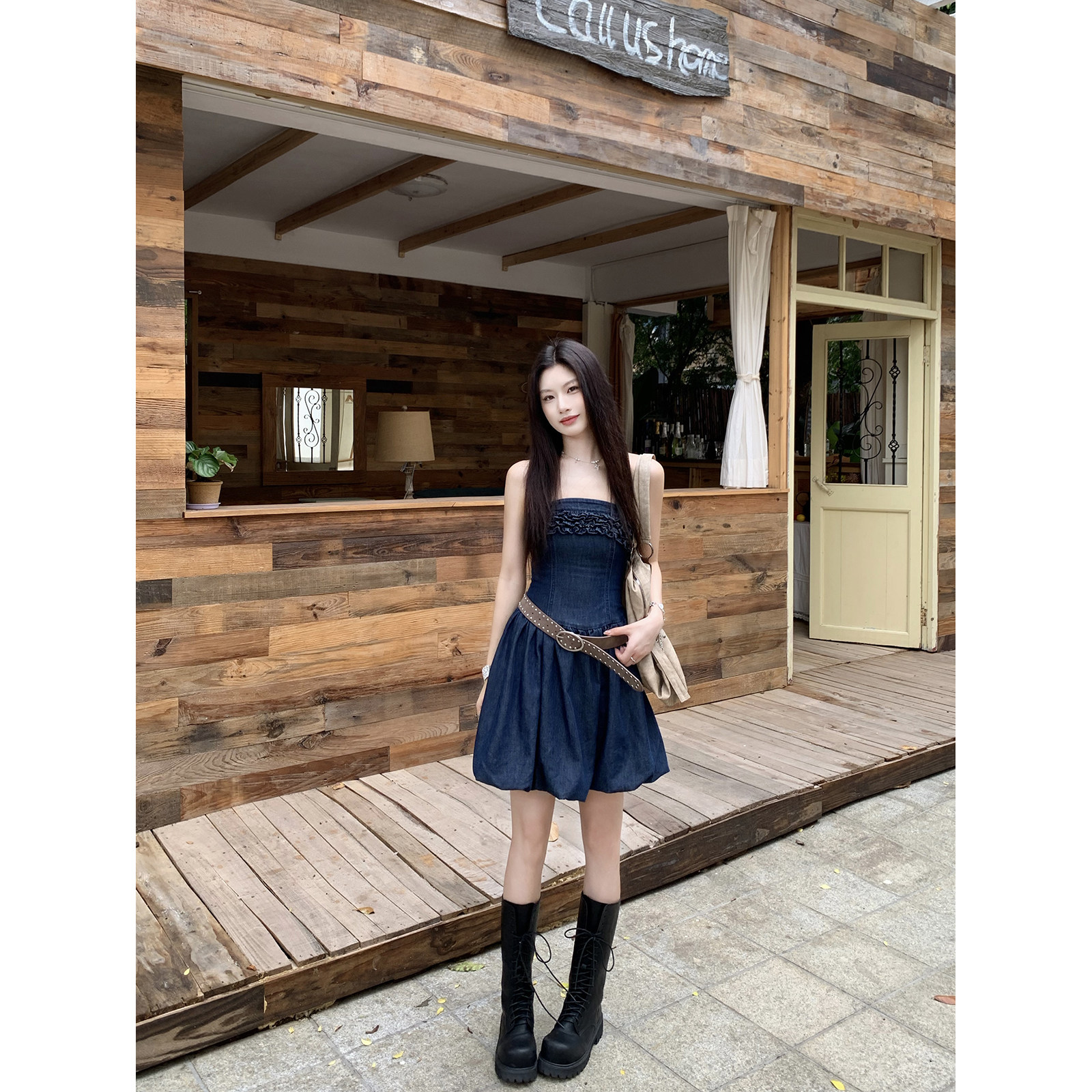 Joeyoo新款设计感花边拼接抹胸牛仔连衣裙女夏中长款大裙摆收腰裙