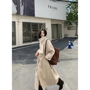 Joeyoo秋冬新款设计感腰带系带毛呢外套女中长款韩系超好看大衣潮