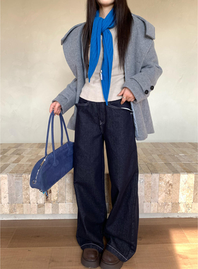 Joeyoo秋冬新款宽松复古深蓝色直筒牛仔裤女长款显瘦阔腿拖地裤子