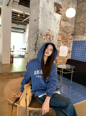 Joeyoo秋季慵懒风宽松字母抽绳连帽卫衣女2025新款早秋上衣外套潮