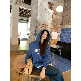 Joeyoo秋季慵懒风宽松字母抽绳连帽卫衣女2025新款早秋上衣外套潮