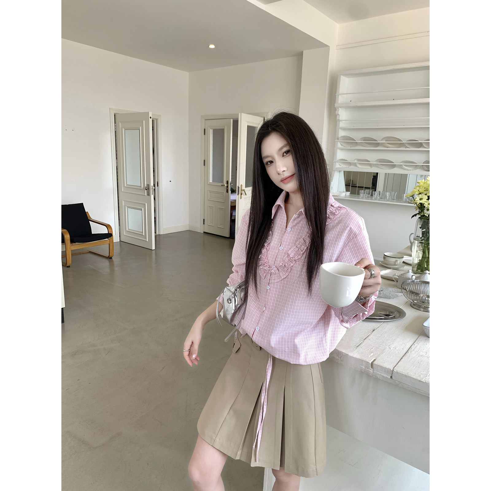 Joeyoo夏季新款宽松拼接木耳边粉色格子衬衫女短袖独特漂亮上衣潮