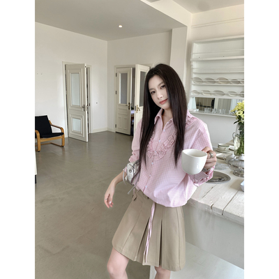 Joeyoo夏季新款宽松拼接木耳边粉色格子衬衫女短袖独特漂亮上衣潮