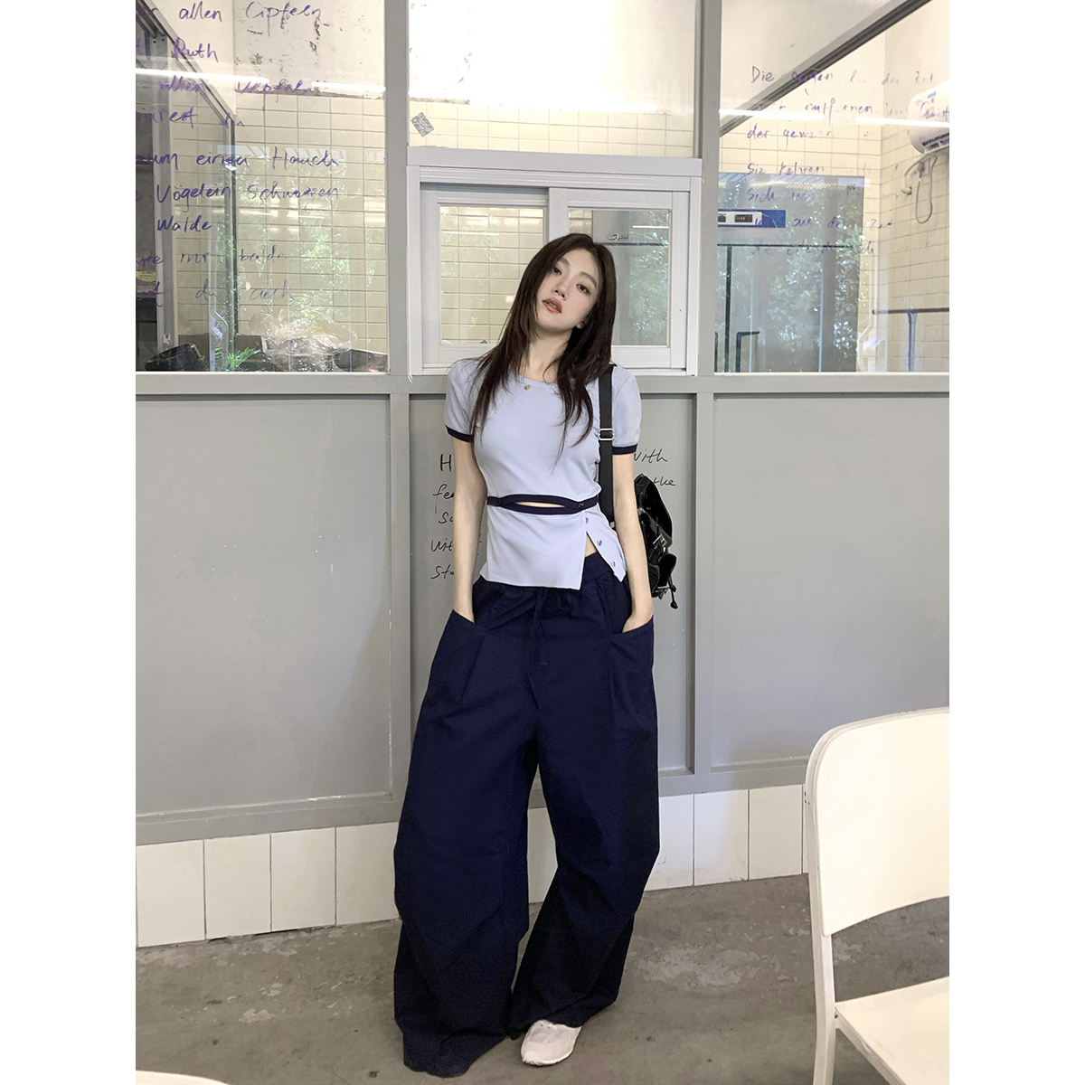 Joeyoo 松弛time 蓝色休闲裤女夏季新款高腰宽松直筒拖地裤