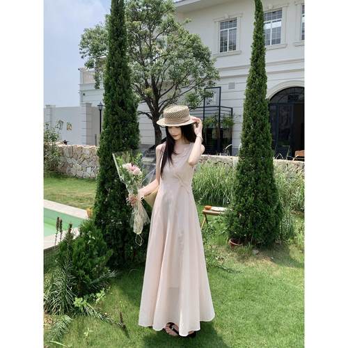 Joeyoo新款设计感拼接蕾丝粉色连衣裙套装女夏中长款吊带裙两件套