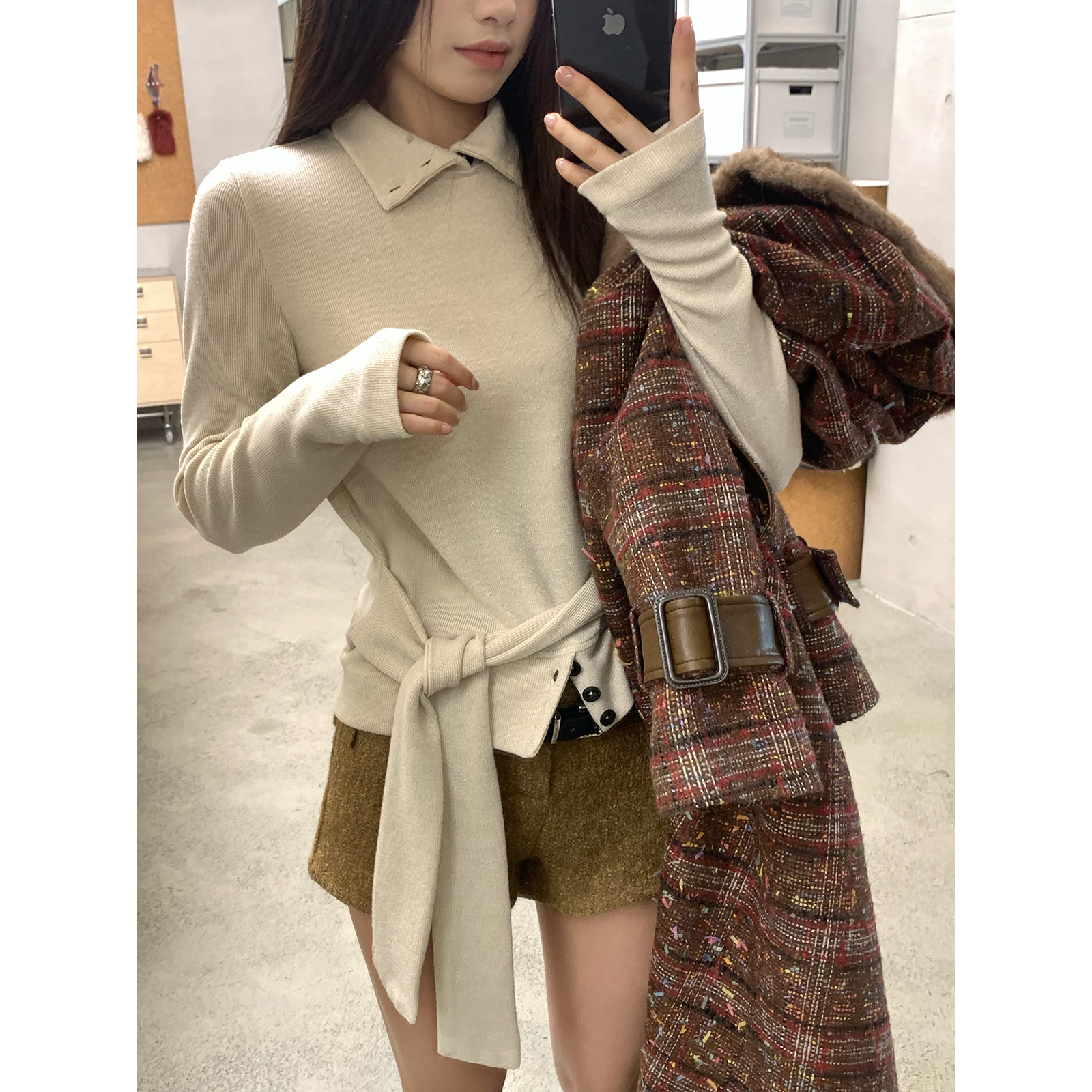 Joeyoo【12/08上新 心事信笺】秋冬复古米色针织衫女收腰显瘦上衣