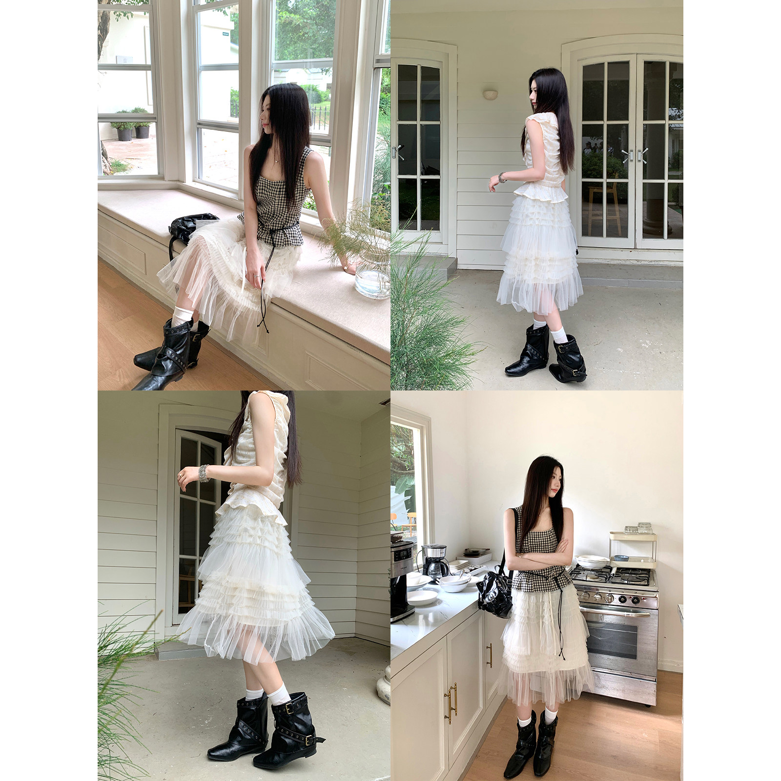 Joeyoo夏季新款设计感米杏色拼接网纱半身裙女夏中款蛋糕裙仙女裙