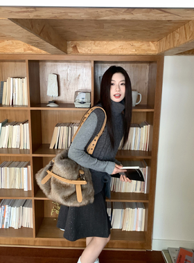 Joeyoo秋冬新款设计感灰色高领毛衣马甲套装女针织打底外穿两件套