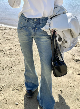 Joeyoo 浅蓝微喇 微喇牛仔裤女2025新款秋季高腰显瘦阔腿裤