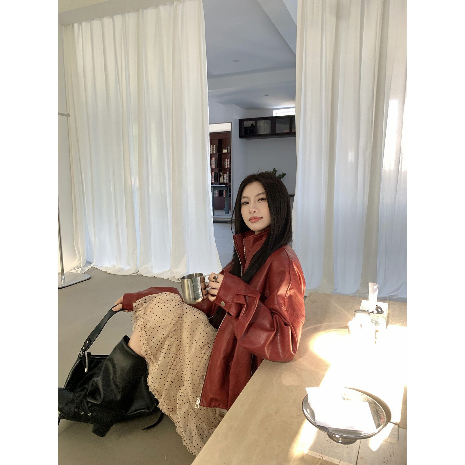 Joeyoo春季新款宽松复古红色皮衣外套女巨好看落肩翻领机车服夹克,女装/女士精品,短外套,淘宝优惠券,粉丝福利购,淘宝优惠卷