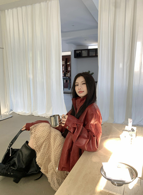 Joeyoo春季新款宽松复古红色皮衣外套女巨好看落肩翻领机车服夹克