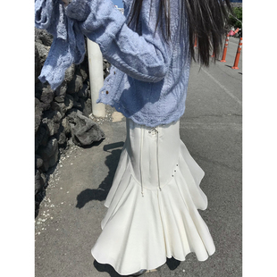 Joeyoo 鱼尾半身裙女早秋季高腰显瘦不规则米白色A字长裙子