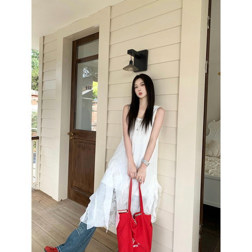 Joeyoo新款设计感不规则白色吊带连衣裙女春夏中长款超火背心裙子