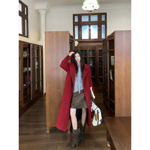 Joeyoo秋冬新款宽松双排扣翻领红色毛呢外套女中长款加厚呢子大衣