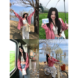 Joeyoo早春新款宽松红色格子衬衫女中长款巨好看上衣外穿衬衣外套