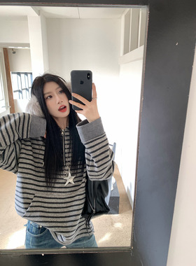 Joeyoo冬季新款慵懒风宽松条纹卫衣女连帽抽绳加厚加绒高级感外套