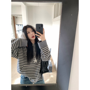 Joeyoo冬季新款慵懒风宽松条纹卫衣女连帽抽绳加厚加绒高级感外套