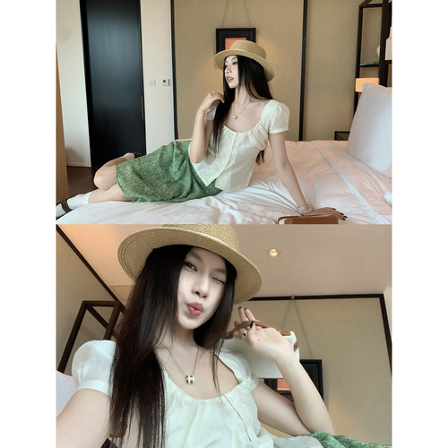 Joeyoo新款设计感绣花法式方领单排扣泡泡袖衬衫女夏短款收腰上衣