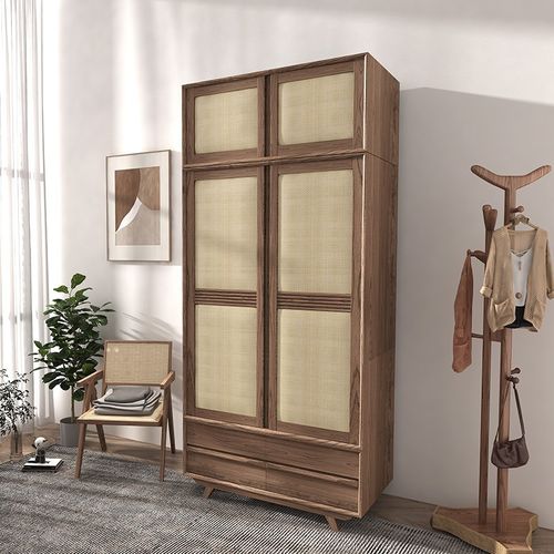 实木藤编透气衣柜白蜡木组合储物柜侘寂风卧室双门衣物收纳柜