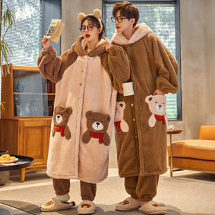 套装 珊瑚绒情侣睡衣女秋冬季 浴袍家居服新款 长款 睡袍加绒加厚男士