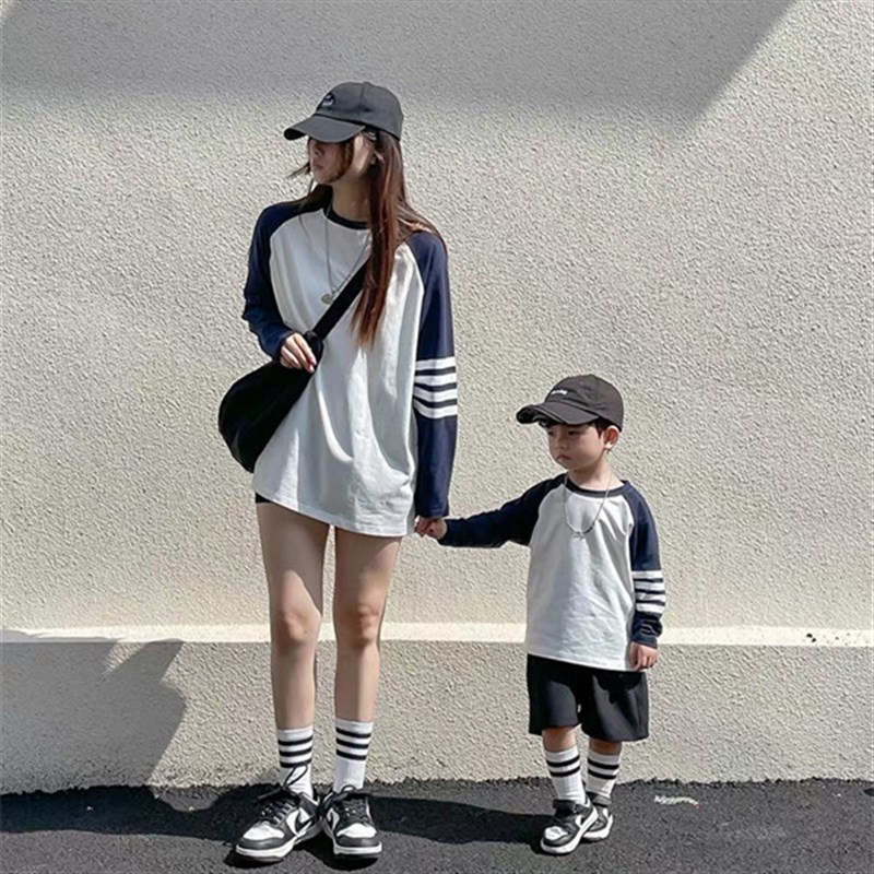 亲子装儿童卫衣2024春秋时尚母女装一家三口母子插肩休闲T恤上衣