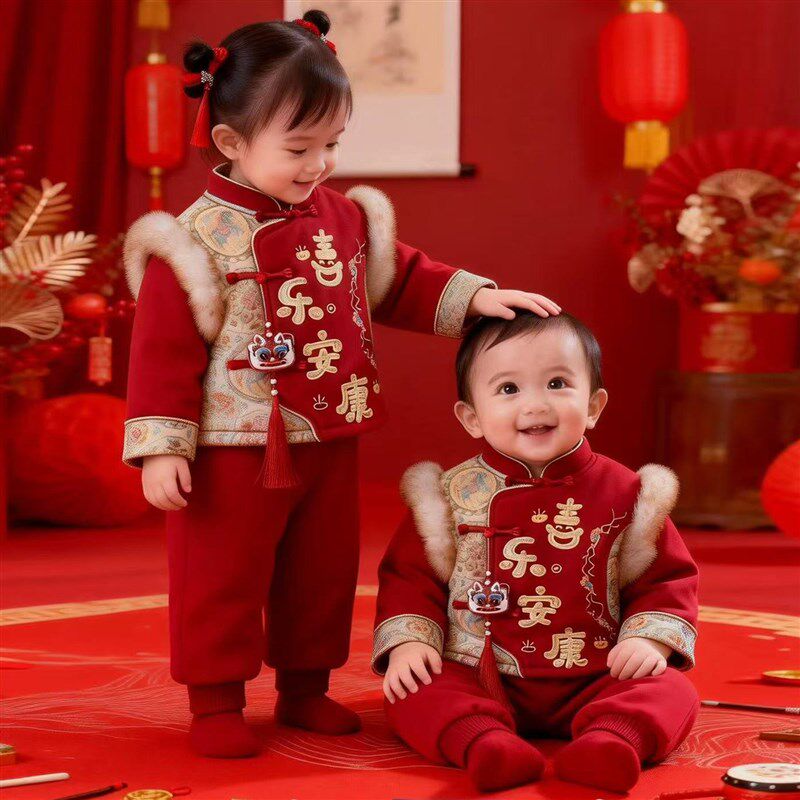 周岁男宝礼服唐装儿童春秋新中式小少爷J装女宝抓周生日喜庆拜年