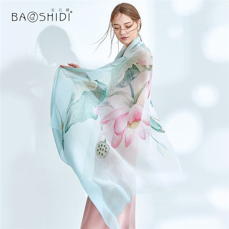 宝石蝶真丝丝巾女春夏季百搭长薄款女士防晒披肩围巾Y两用杭州丝