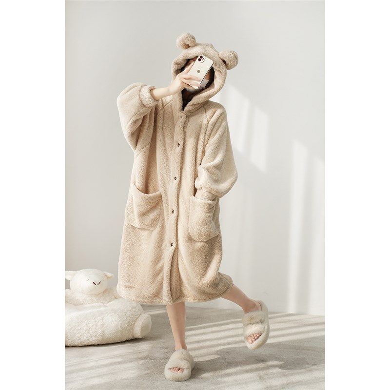 女士珊瑚绒睡袍 中m长款连帽睡裙保暖宽松浴袍家居服睡衣冬款女装