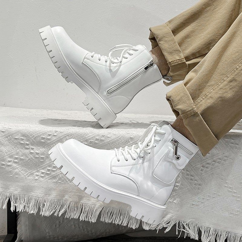 秋季马丁靴男高帮沙漠工装靴子白色厚底增高短靴中帮英伦拉链男靴