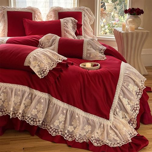 浪漫法式婚庆四件套蕾丝大花边红色结婚被套床裙边1.8米床上用品