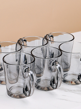 烟灰色玻璃杯家用带把手柄喝水杯耐热绿茶杯简约客厅家庭杯子套装