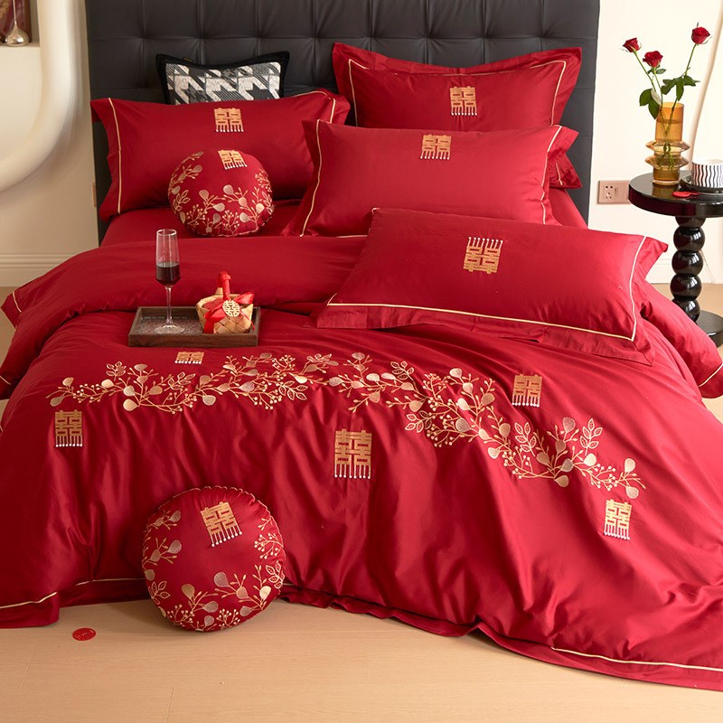 浪漫婚庆全棉床单四件套红色100支大红刺绣婚嫁被套床上用品陪嫁