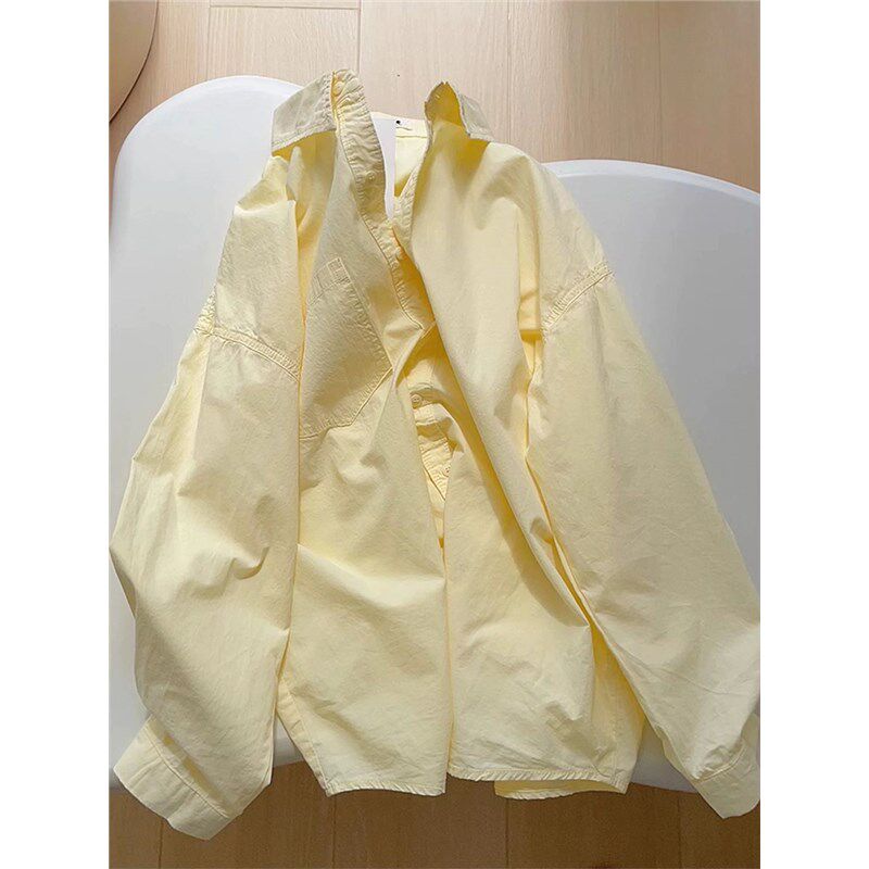 2025年春夏季奶黄色纯棉薄款衬衫女宽松百搭显瘦遮肉长袖衬衣外穿