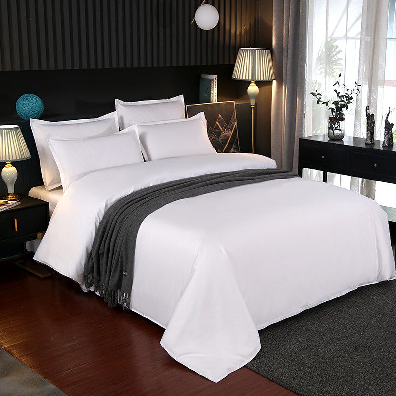 酒店布草床上四件套纯白色缎条床单被套宾馆民宿床套件可定制