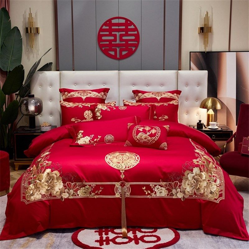 婚庆结婚房婚嫁浪漫新中式四件套大红新婚被套婚房床上用品被