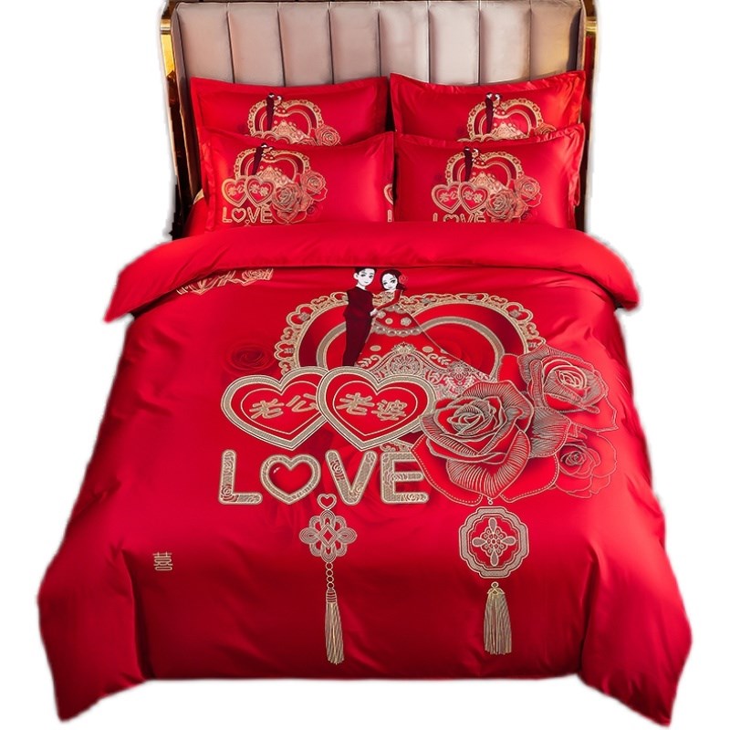 大红色婚庆结婚四件套床上用品1.5m18米床单被套新婚卡通龙凤套件