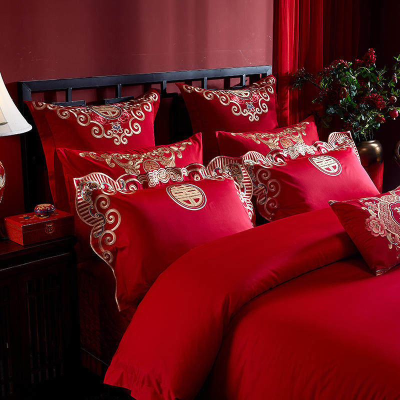 结婚大红床上抱枕婚庆纯棉绣花靠垫枕套中式红色喜抱枕套含芯一对