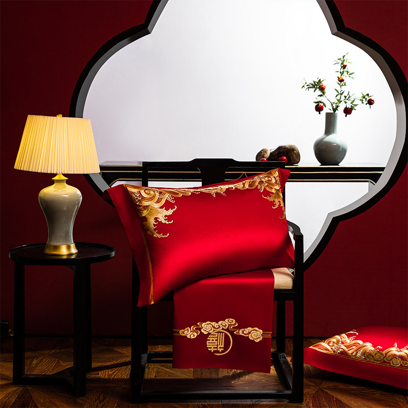 婚庆四件套结婚140支全棉长绒棉婚礼大红刺绣花婚嫁喜被床上用品