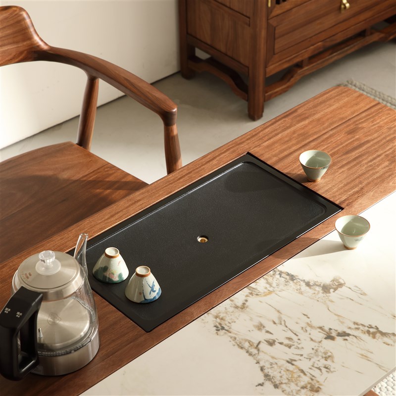 新中式阳台茶桌简约家用小茶台乌金木茶桌椅茶盘一体黑胡桃色茶台