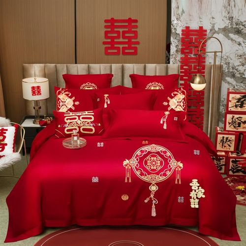 中式婚庆四件套大红100支全棉刺绣婚房婚礼结婚喜被套单床上用品4