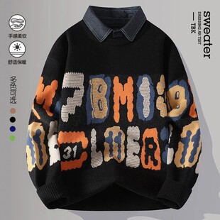 桑植服装店秋冬青少年加绒假两件毛衣男士加厚衬衫打底保暖针织