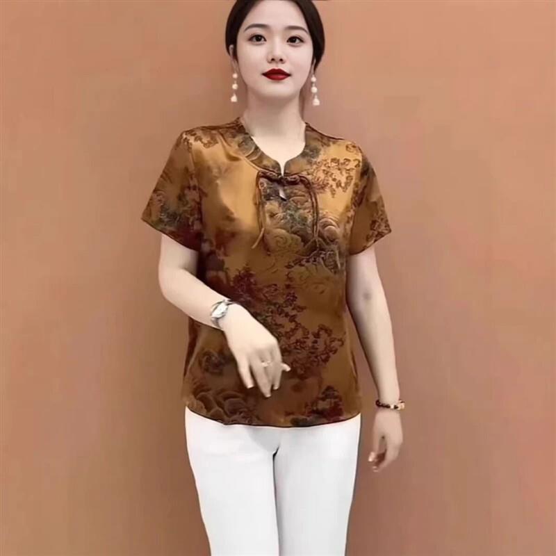 福到家女装店2夏季中年妈妈装国风高档中式小衫时尚遮肚女上衣t恤