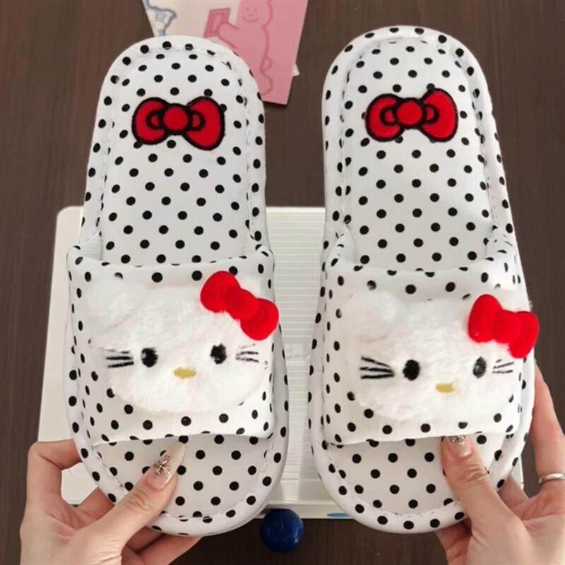 睐彩优品1可爱卡通波点猫咪四季通用拖鞋女款防滑软底开口拖鞋