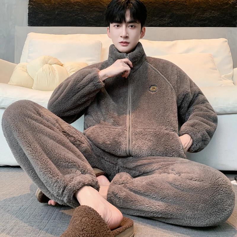 云逸绅阁睡衣男O秋冬款法兰绒加厚加绒保暖珊瑚绒立领冬家居服套
