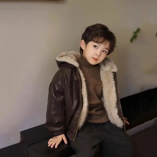 天华顺志男童加绒加厚皮衣外套新款儿童冬季洋派PU皮两面穿