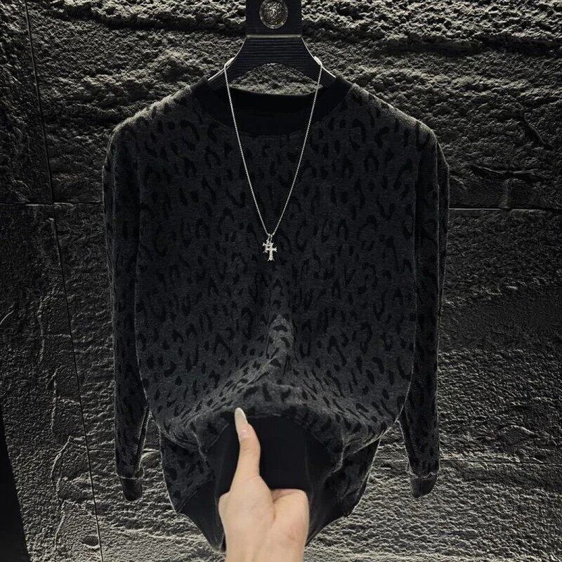 师凯服饰a2026冬季新款豹纹圆领厚棉T高定男款长袖潮流韩版T恤