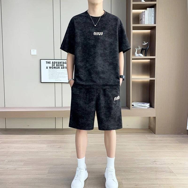 莱干服装专营夏季男短袖短裤时尚T恤套装透气宽松薄款帅气两件套