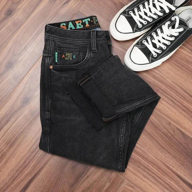 芊馥精选秋冬男士抓绒牛仔裤加绒保暖水洗黑灰色弹力修身小直筒